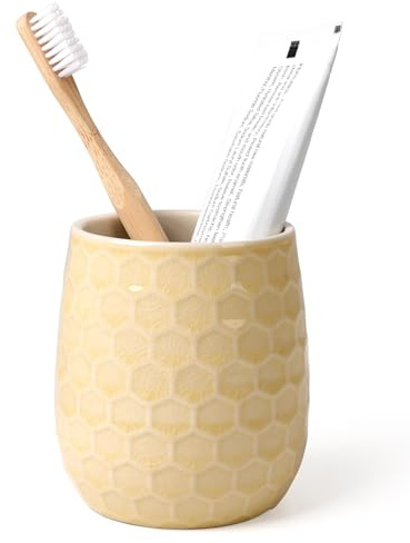 ANTIS'S HOME Zahnputzbecher Keramik 410ml Badezimmerbecher & Mundspülbecher für Zahnpasta, Gelb Moderner Zahnbürstenbecher mit Wabenstruktur, dekoratives Badaccessoire (10 x 9,2 cm)