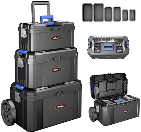 AIRAJ 3 IN 1 Rolling Tool Box on Wheels, Stackable Tool Box, 17+19+21 | Top Small Parts Organizer Design, 6 Removable Parts Tray, Tool Storage Box for Home,Professional Repair,DIY Projects