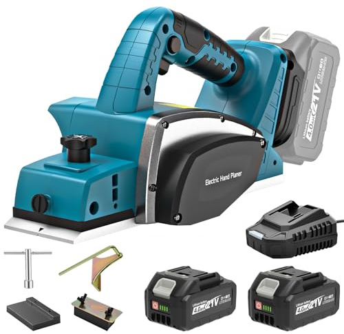 Yofuly Rabot Sans Fil Compatible avec Batterie Makita 18V, 15000tr/min, Largeur de Rabotage 82mm, Profondeur de Coupe 0-2mm, Raboteuse Electrique avec 2×4.0Ah Batterie pour le travail Bois/Portes