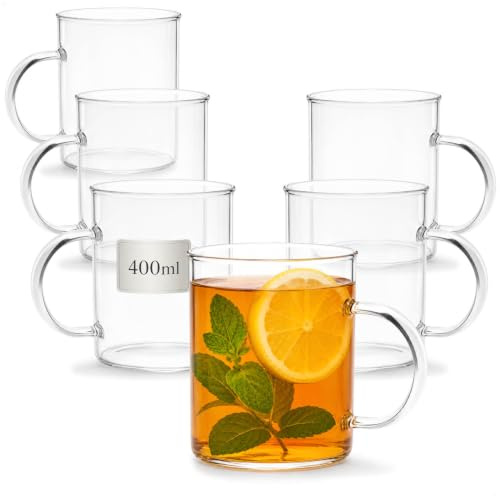 com-four® 6 teglas med handtag, 400 ml kaffeglas av borosilikatglas | robusta glas för kaffe - te och juice