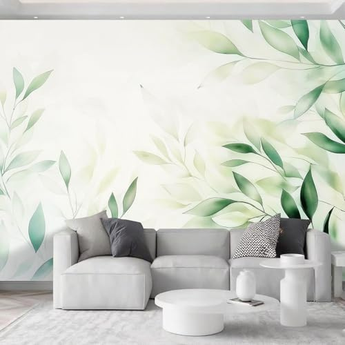 Carta da parati fotografica ad acquerello, effetto 3D, 350 x 256 cm (larghezza x altezza), motivo botanico, foglie verdi e strisce, moderna carta da parati in tessuto non tessuto, colore bianco crema
