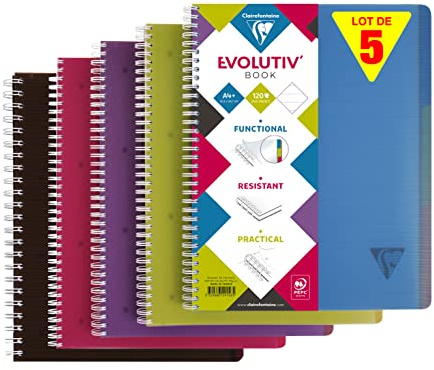 Clairefontaine 329156C Packung mit 5 Heften Evolutiv'Book Linicolor, DIN A4+ 22,5x29,7, 120 Blatt abtrennbar, liniert mit Rand, 90g, farbig sortiert, 1 Pack Mehrfarbig