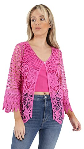 Zaif & Hari Women's Italian Floral Lace 3/4 Sleeve Short Cardigan Ladies Cut Work Crochet Bolero Shrug Top (One Size 8-18, Fuchsia)