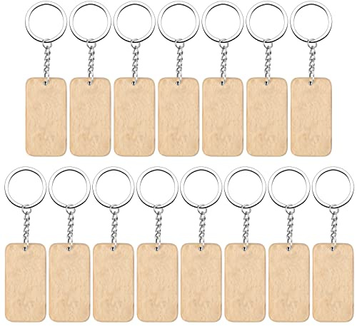 Holz Schlüsselanhänger, Schlüsselbund aus Naturholz, Blanko Holzanhänger Gravur DIY, Schlüssel Anhänger für Geschenk (15 Stücke, Rechteck mit Kette)