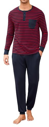 Leversic Mens Pyjamas Set Henley Cotton Winter Striped Pjs Long Sleeve | Button-Up Crew Neck Pajama Tops With Full Length Plain Sleep Pants Pyjama Bottoms Sleepwear Set For Lounging Sleeping