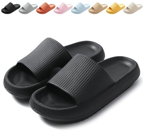 Calish Badeschuhe Herren Damen Cozislides Original Slippers Cloudyzz Schlappen Wolke Rutschfeste Badelatschen Hausschuhe Sommer Pantoletten Badeschlappen Flip Flops Indoor/Outdoor, Schwarz, 44-45 EU