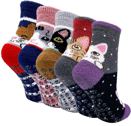 ZFSOCK Calze Morbidi Invernali Donna: Calzini Pile da Casa Termiche Antiscivolo Calde Soffici Calze Pelosi Dormire Divertenti Fantasia Modello Animale Regalo Natale Capodanno Gatto 5 Paia Taglia 35-41