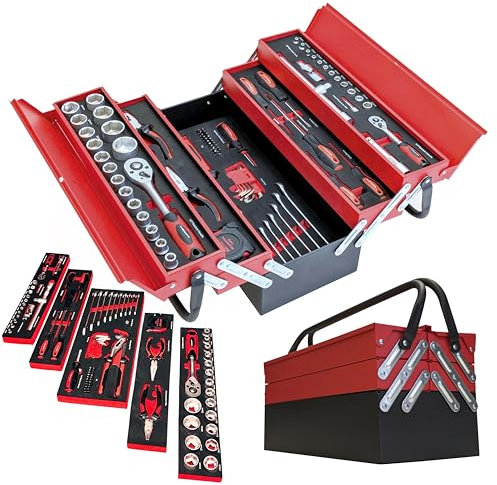 Widmann Hand Tool Set in Steel Cantilever Toolbox Tool Kit in Metal Case (86 piece), Red