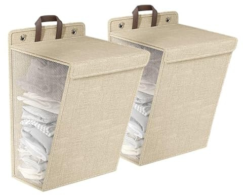 Esoes 2 Pack Wäschekorb Faltbar 60L Wäschesammler, mit Deckel Griffen, Mesh-Design Aufhängbar Wäschekorb für Badezimmer, Schlafzimmer-Beige