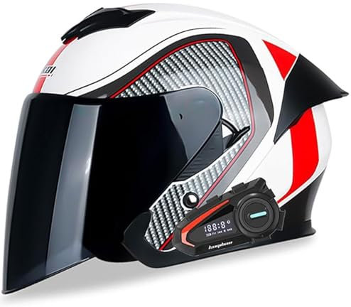 QJWMatic Casque de Moto Ouvert Vintage Bluetooth Demi-Casque Scooter Street Casque Double Pare-Soleil approuvé ECE pour Hommes et Femmes F,XL61-62CM