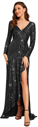 Ever-Pretty Women's Sexy Winter Sequin Dress Long Sleeves A-Line High Low Maxi Evening Dresses Black 16UK