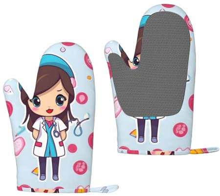 Cute Nurse Oven Mitts Set of 2 Heat Resistant Silicone Oven Gloves with Soft Lining Non-Slip Kitchen Cooking Mitt Long Waterproof Potholders Kitchen Essentials