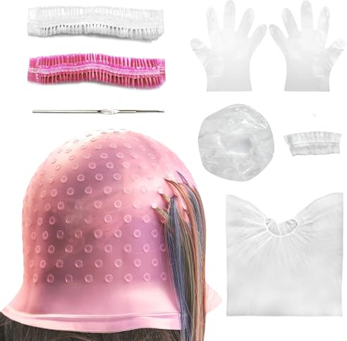 9 Pcs Highlight Cap Kit, Silicone Highlighting Cap Hair Dye Cap with Holes Reusable Highlighting Cap with Hook for Home Salon Professional Hairdressing Dyeing Staining Tools Set for Women Men