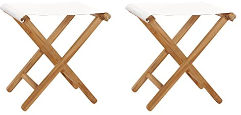 SDWEHO7 Klappstühle 2er Set, Anglerstuhl für Garten, Balkon, Wohnmobil, Gute Witterungsbeständigkeit, 38 x 38 x 46 cm Teak Massivholz und Stoff Cremeweiß
