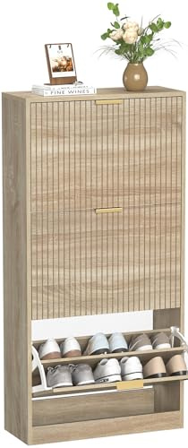 Yvsevnr Schuhschrank Schmal Schuhkipper mit 3 Klappen Geriffelter Schmaler Schuhschrank Hoch Holz Schuhkommode Flur, Verstellbares Regal, für 18 Paar Schuhe, für Eingang, Wohnzimmer 60 x 24 x 122 cm