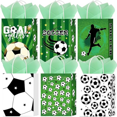 Lot de 6 Sachets Cadeaux – Motif Football, sacs en papier avec poignées torsadées 22×16×8 cm. Set de sacs cadeaux avec papier de soie, idéal pour anniversaires, fêtes d’enfants, garçons, baby.
