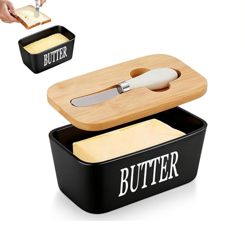 Large Butter Dish with Lid and Knife, Ceramic White Butter Dish with Lid for Butter Nuts Cheese 350 ml (Black, 350ml)