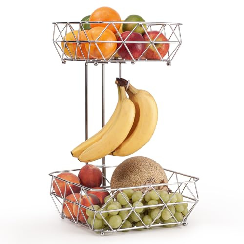 EHC 2 Tier Fruit Basket Stand for Kitchen, Counter Storage Organiser, Vegetable Holder, Fruits Organiser, Easy Assembly, Square Geometric, Chrome