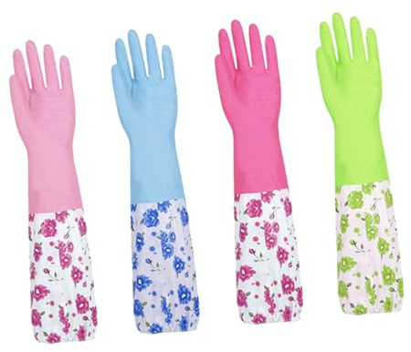 SOPOTUTU Waterproof Kitchen Dishwashing Gloves 2-pair Set, Thicken Pvc Rubber Household Cleaning Gloves Fleece Lining and Drawstring Cuff for Home Use Random Color