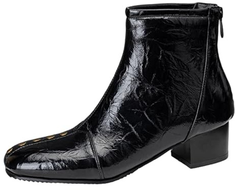 CuteFlats Botines para mujer con punta cuadrada, tacón de bloque de 4 cm con detalle de tachuelas, cremallera trasera para el día a día y la oficina, Negro , 35 EU