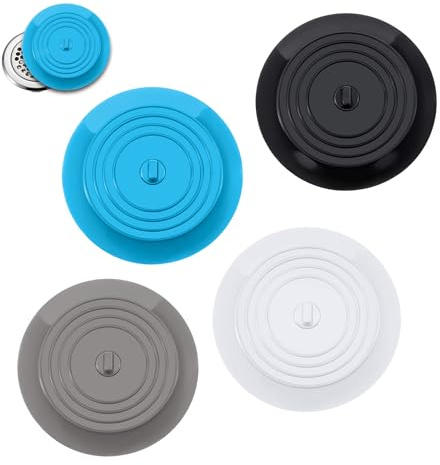 Universal Stöpsel, 4 Stück Abflussstöpsel Silikon, 15 cm | Silikon Badewannenstopfen Badewannenstopfen für Küche Bäder Badewanne Spüle (Schwarz Weiß Dunkelgrau Blau)