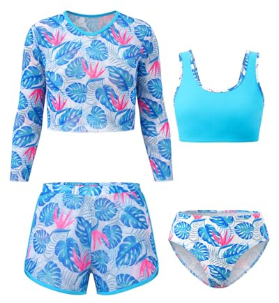 JiAmy Girls 4 Piece Swimsuit Set Long Sleeve Cover Up Shorts 7-14 Years | 82% polyamide, 18% elastane; quick-drying, stretchy, breathable, lightweight; for beach, pool, swimming, surfing