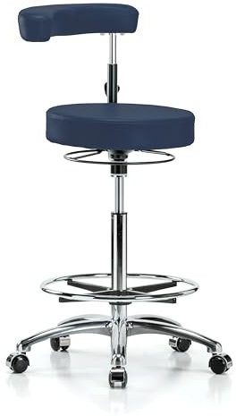 Perch Chrome Rolling Dental Stool Adjustable Height with Procedure Arm and Foot Ring for Carpet or Linoleum, Counter Height (Imperial Blue Vinyl)