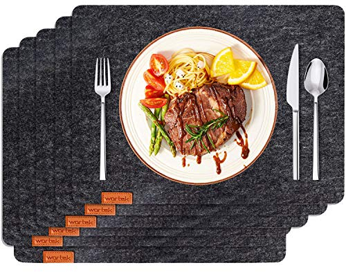 wortek Edles Platzset Filz 6er Set, Tischsets Abwaschbar, Platzdeckchen Tischuntersetzer Untersetzer Teller - Filzuntersetzer Tischunterlage Untersetzer Filz Teller Untersetzer Dunkelgrau 44x32 cm