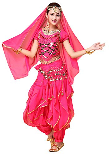 Hibasing Danza del Ventre Costume per Donne, 4 Pezzi Danza Indiana Outfits Top + Pantaloni + Catena in Vita + Catena Testa Foulard