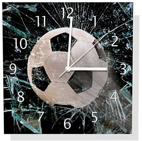 Wallario Design Wanduhr Fußball - im Fenster, Splitter und Glas aus Aluverbund, Alu-Uhr Größe 30 x 30 cm, weiße Zeiger mit Metalloptik