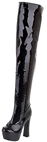 Bviennic Donna Vernice Tacco Alto Plateau Sopra Il Ginocchio Mens Boots Zip Stylish Tacco A Blocco Inverno Thigh Nightclub Prom Boots Nero Numero 49 EU-51Cn