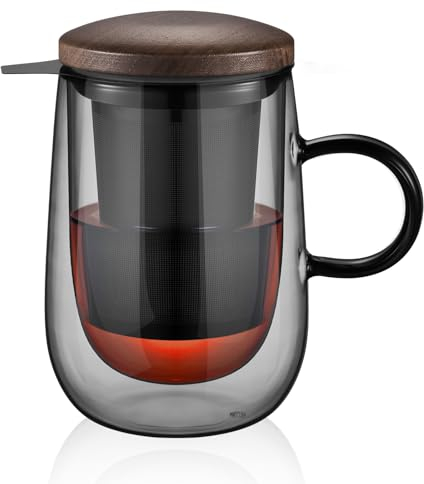 glastal 430 ml (Capacidad Completa) Doble pared, de Cristal Negro, Taza de té con Colador de Metal, Taza de té de Vidrio de Borosilicato con asa, para té Negro, té Verde, té de Fruta, Té