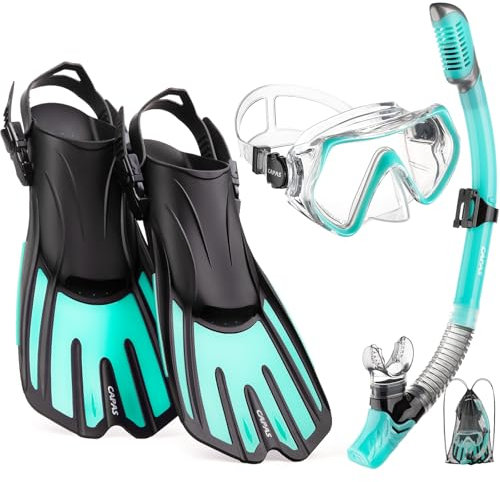 CAPAS Snorkel Mask Fins Set, Travel Size Snorkeling Gear for Adults with Short Adjustable Swim Fins, High Resistant Scuba Diving Mask and Dry Top Snorkel, Come with a Carrying Bag (Green-Black, L-XL)