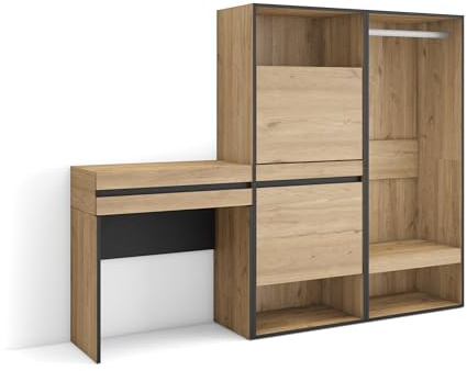 Skraut Home | Konsolentisch, Flurtisch | Beistelltisch für Eingang | 190x145x35 cm | mit Schublade | Schuhschrank | Offener Kleiderschrank | Moderner Stil | Eiche