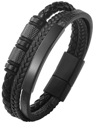 Kim Carrey Italian Handmade Genuine Leather Bracelets for Men Stainless Steel Clip, Men's Casual Genuine Multi-layer Cuff Bracelet, Bracelet Gift for Real Men (Pure Black)