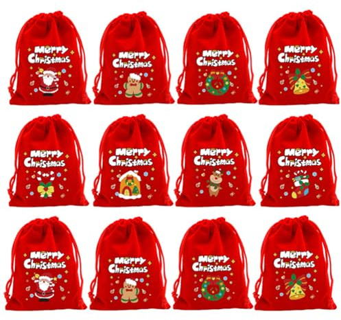 24 Stück Weihnachts Beutel mit Kordelzug, Jutebeutel Weihnachts Adventskalender Säckchen Taschen für Süßigkeiten (Rot)