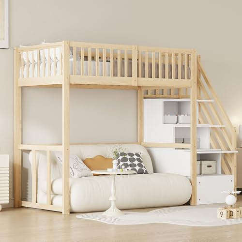 MOBETTRES Hochbett 90x200 mit Sicherheits-Aufbewahrungsleiter, Bettgestell aus massivem Kiefernholz für Kinder und Jugendliche (Naturholz)