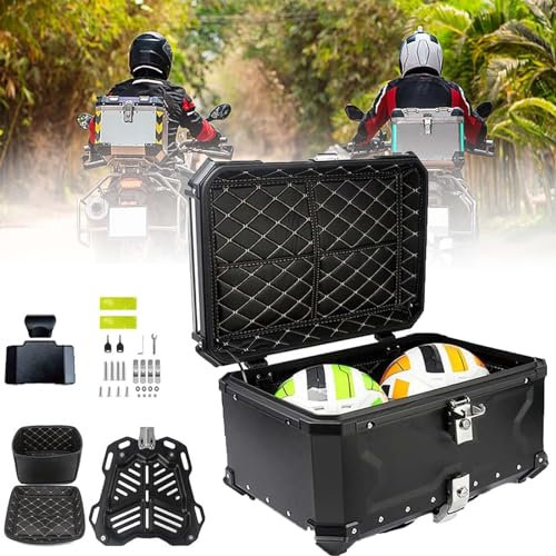 ZYFBD Aluminum Motorcycle Top Box with Security Lock | Motorcycle Top Case for Luggage | Black Motorcycle Rear Trunk with Back Rests and Base Plate