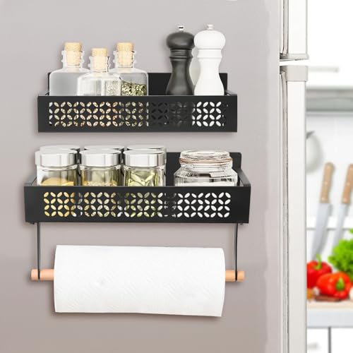 Yabound Magnetic Spice Rack for Refrigerator, 2 Pack Magnetic Shelf with Paper Towel Holder, Magnetic Fridge Shelf Organizer for Kitchen Organization and Storage (Black)