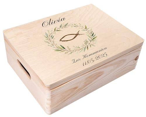 Creative Deco Personalisiert Kommunion Geschenke für Mädchen und Jungen | Holzkiste | Fisch | Individuelle Geschenk Erinnerungsbox | Erstkommunion Deko