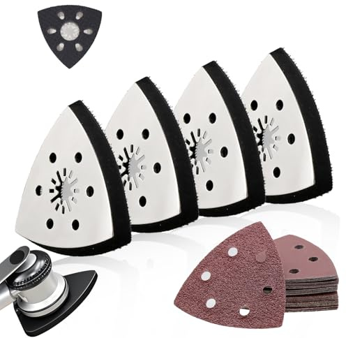 4 Plaques de Ponçage Triangulaires 93 mm + 24 Papier Poncage, Accessoires Outil Multifonction Ponçage con Base Metálica y Alta Adhesión para Lijar Madera, Metal, Plástico, Piedra y Esquinas