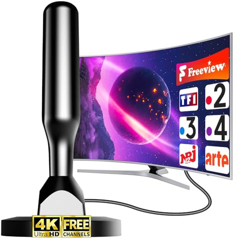 Antenne TV Intérieure Puissante 2026, Antenne TNT HD/4K avec Réception 500 km, 360° sans Angle Mort, Câble Coaxial 5m, Meilleure Réception pour Chaînes Gratuites TNT et TV Numérique