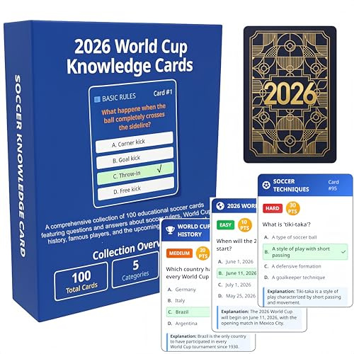 YXYOUNG 2026 World Cup Soccer Knowledge Trivia Cards Game - 100 Educational Question Cards, 5 Categories, 3 Difficulty Levels, Family and Friend Game Gift for Kids and Adults