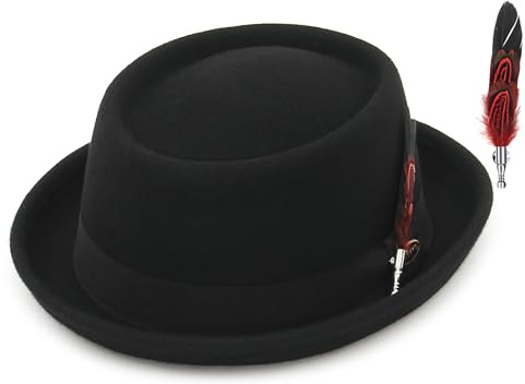 GEMVIE Pork Pie Hat for Mens Womens 100% Wool Felt Fedora Trilby Hat Black Adult Unisex Porkpie Hats
