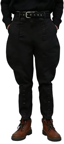 Pantaloni da equitazione vintage in cotone da ufficiale, stile militare, con chiusura a bottone, riproduzione storica, Nero , L