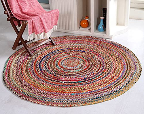 Tapis rond tressé en coton et toile de jute commerce équitable 120 cm multicolore tapis chindi