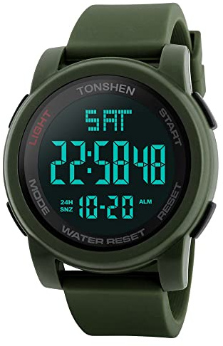 TONSHEN Grand Cadran Sport Montre Homme Garçon 50M Etanche Outdoor Militaires Multifonctionnel LED Double Temps Digitale Montres Bracelet Alarme Chronomètre Rétro Eclairage (Vert)