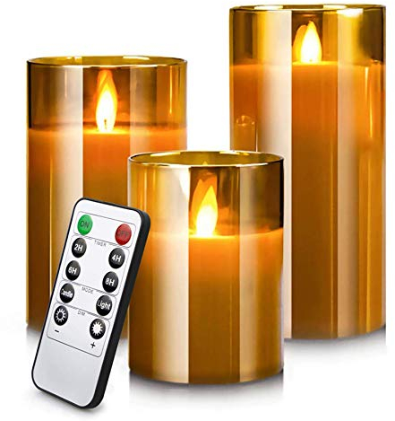 Led Flameless Candles, Battery Operated Flickering Candles Pillar Real Wax Moving Flame Electric Candle Sets Gold Glass Effect with Remote Timer, 4 in, 5 in, 6 in, Pack of 3 (Brown Glass)