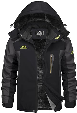 KEFITEVD Winterjacke Herren Warm Gefüttert Skijacke Winter Outdoorjacke Winddicht Allwetterjacke Thermojacke mit Kapuze Schwarz-Grau L