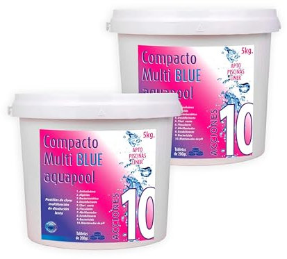 Pack Ahorro 2 uds Compacto 10 ACCIONES AQUAPOOL (200 GR) - Pastillas de Cloro multifunción - Disolución Lenta - Apto Piscinas Liner (2x5 KG)